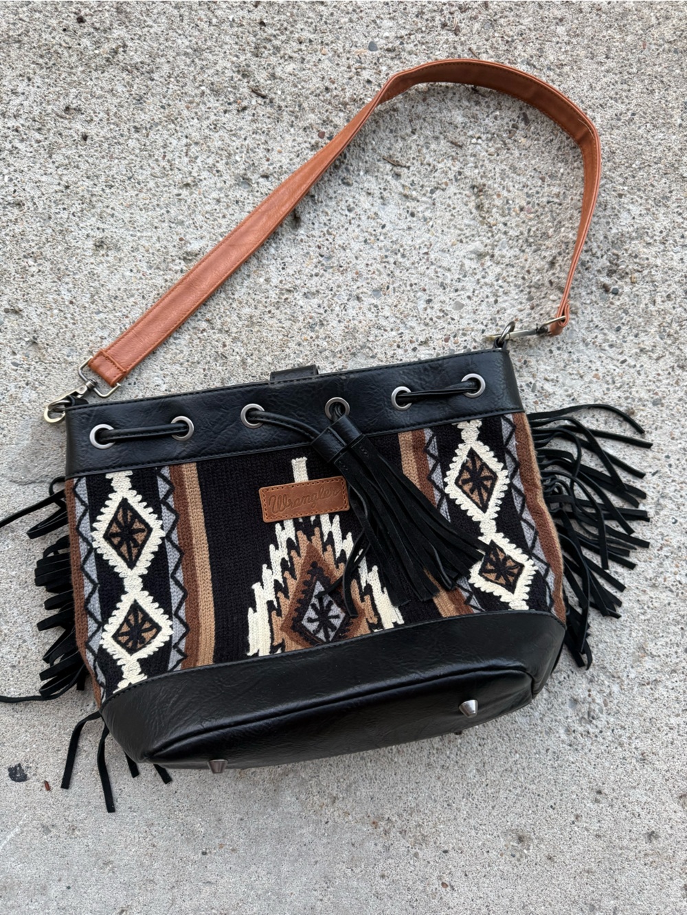 Wrangler Black and Brown Aztec Fringe Crossbody Bag